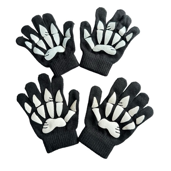 Two Pair Little Kid Skeleton Knit Gloves Black & White - Picture 1 of 7